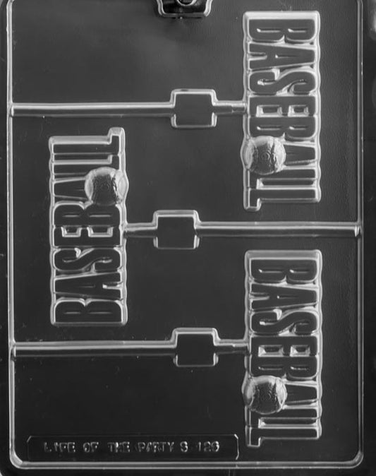BASEBALL WITH BAT Lollipop chocolate mold with lollipop cavities featuring baseball and bat design; clear sheet.