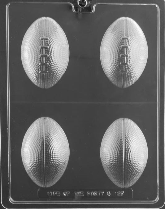 SMALL 3D FOOTBALL chocolate mold with cavities forming half-sphere footballs with lace detail; clear mold.