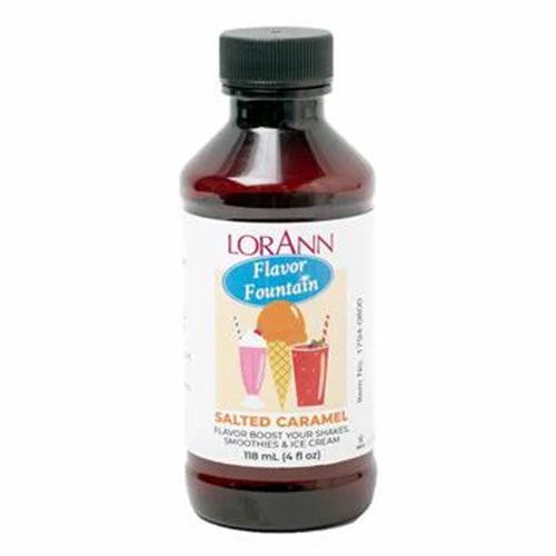 LorAnn Flavor Fountain Salted Caramel flavoring in a 4 oz bottle for shakes, smoothies, and ice cream.
