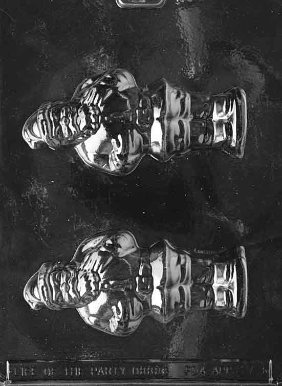 Clear plastic chocolate mold showing two cavities of Santa Claus front panels with defined beard texture, coat details, and boots.