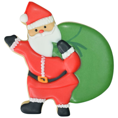 Decorated Santa cookie with red suit, white beard, black boots, and a large green gift sack, shaped with the Santa with Sack cookie cutter.
