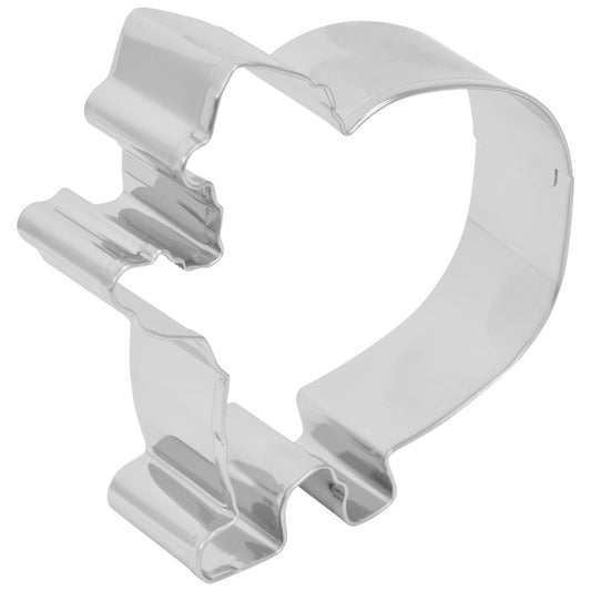 Angled view of the Santa with Sack cookie cutter showing the curved gift bag, pointed hat, raised arm, and defined leg and boot shapes.
