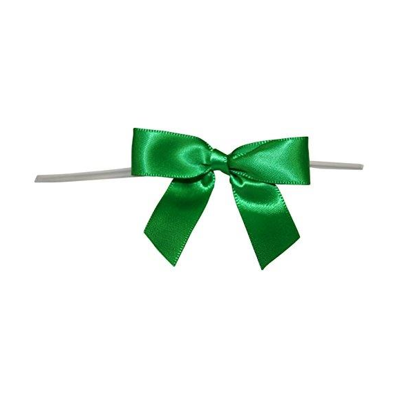 Green satin 2.5 inch pre-tied bow with attached twist tie, centered on a white background; decorative closure for bakery packaging.