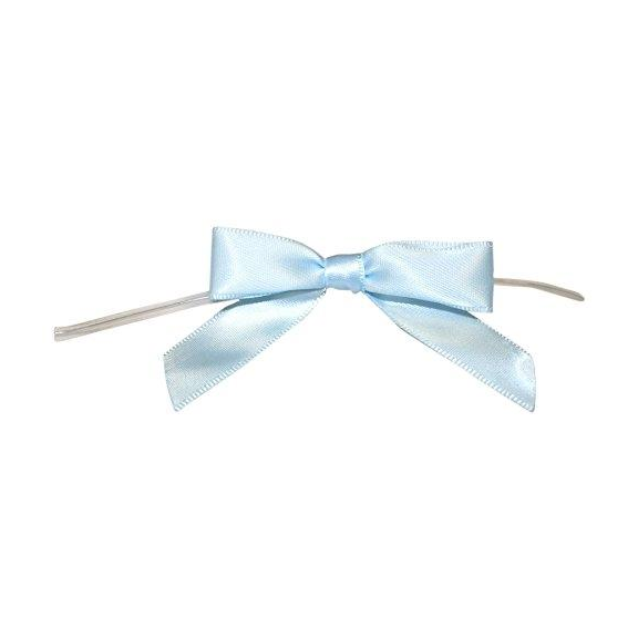 Light blue satin 2.5 inch twist-tie bow, shown on white; pre-tied ribbon for cookie and candy packaging.