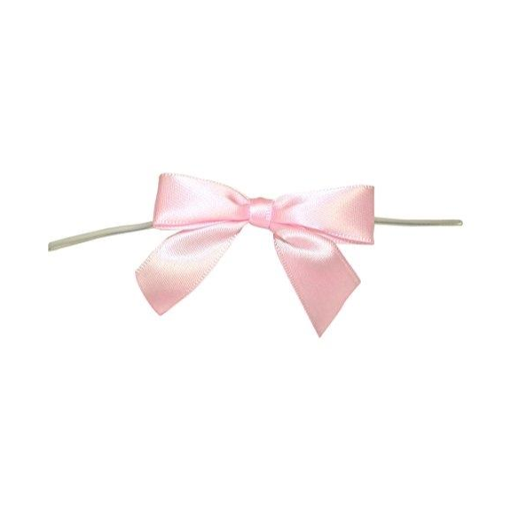 Light pink satin 2.5 inch bow with twist tie on back, displayed on white; favor bag ribbon for baby showers and parties.