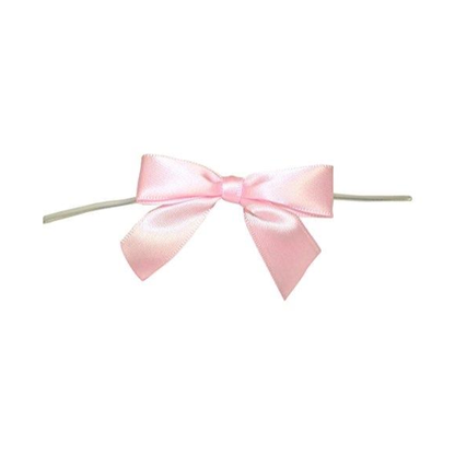 Light pink satin 2.5 inch bow with twist tie on back, displayed on white; favor bag ribbon for baby showers and parties.