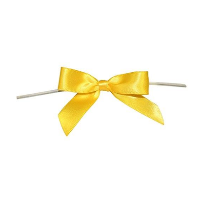 Yellow satin 2.5 inch twist-tie bow, displayed on white; bright ribbon accessory for giftable treats.
