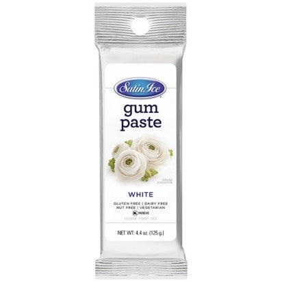 Close-up of Satin Ice Gum Paste packaging, highlighting gluten-free, dairy-free, nut-free, and vegetarian labels.