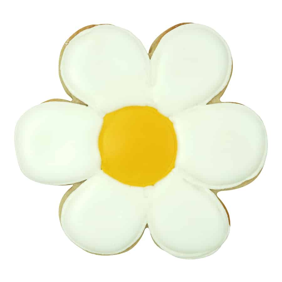 Scalloped cookie designed as a white daisy with a bright yellow center, creating a floral-themed treat.