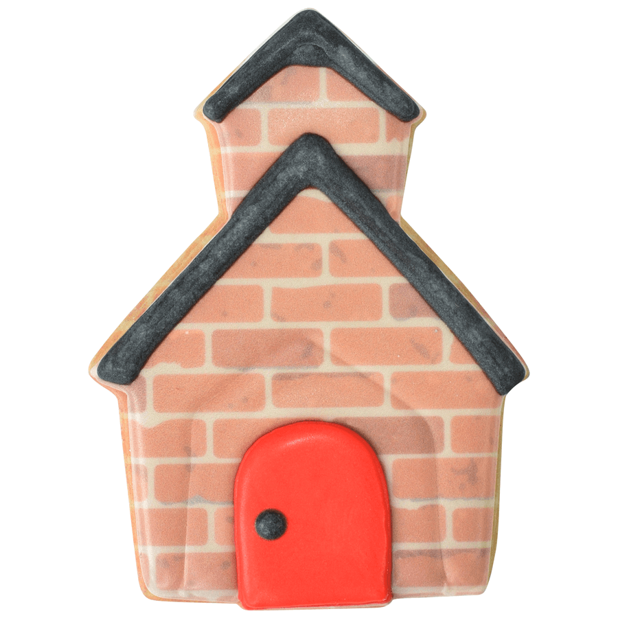 Cookie decorated as a brick schoolhouse with black roof lines and a bright red arched door created with the same cutter.