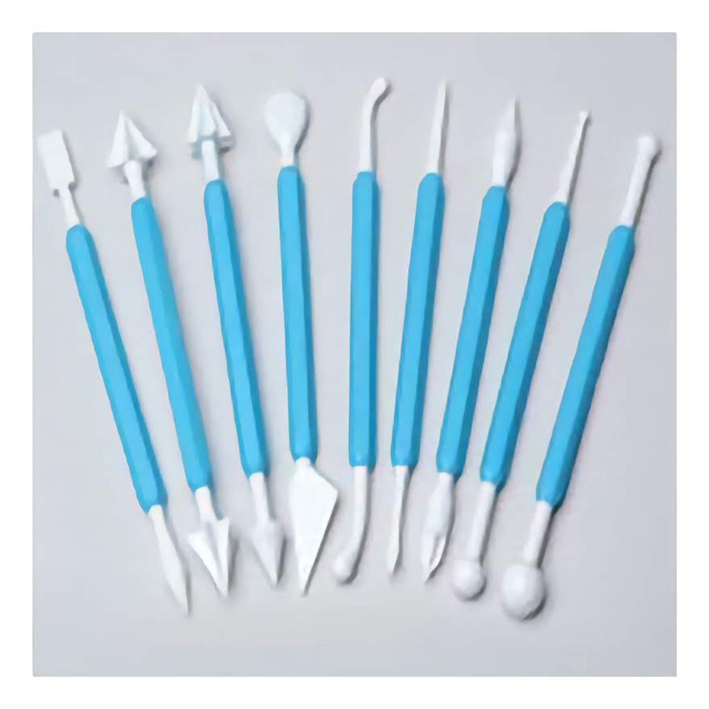 9-piece/18 shape sculpting tool set featuring blue handles and white tips, designed for shaping and detailing sugar paste decorations.