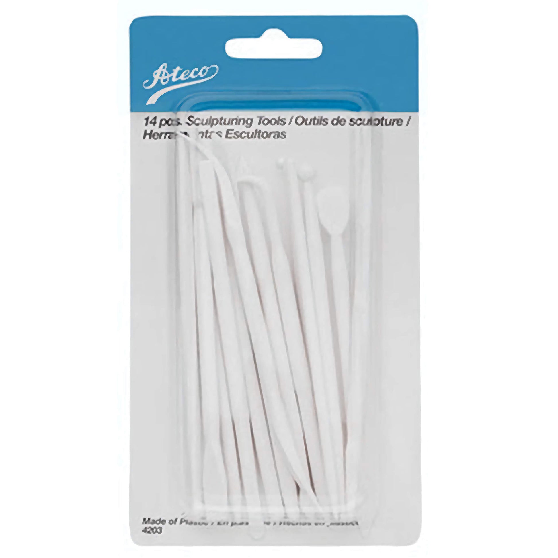 Ateco 14-piece mini sculpturing tool set in clear packaging with blue label, displaying various white sculpting tools for cake decorating and sugar art.