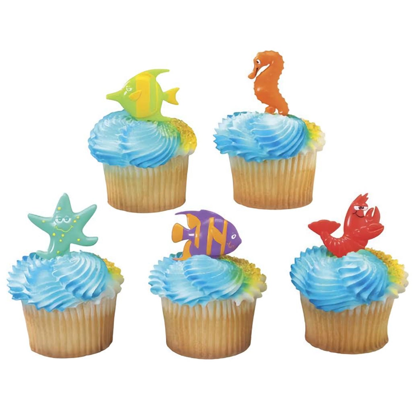 Colorful assortment of sea life cupcake topper picks featuring friendly cartoon-like starfish, seahorse, and fish, suitable for children's parties or sea-themed events.