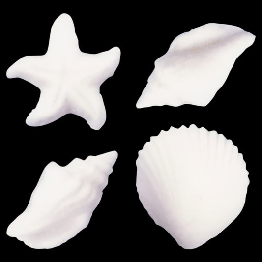 Assorted white sugar decorations shaped like seashells and a starfish, perfect for cake and cupcake decorating.