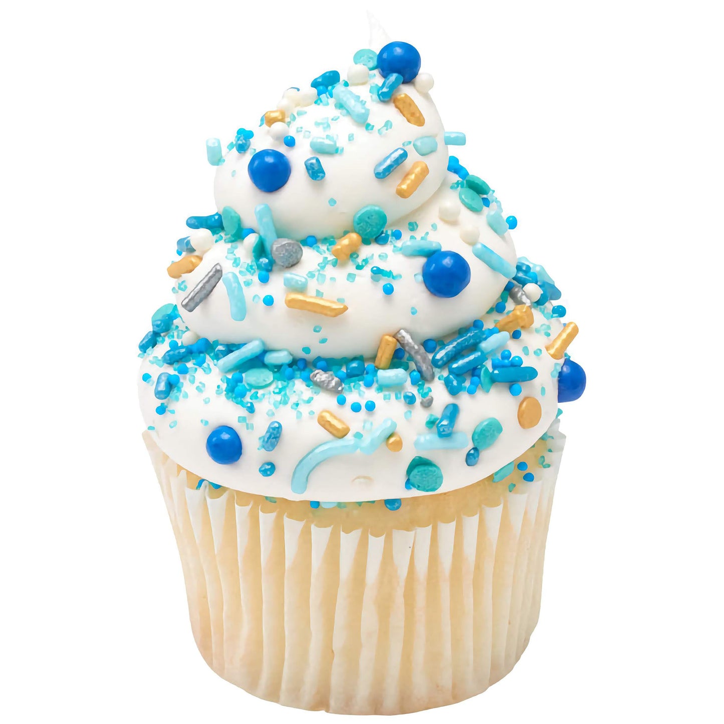 A cupcake topped with white frosting and generously decorated with Seaside Deluxe Sprinkle Blend, featuring blue and gold hues that evoke the colors of the sea, adorned with large blue beads and golden rods.