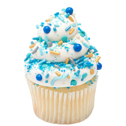 A cupcake topped with white frosting and generously decorated with Seaside Deluxe Sprinkle Blend, featuring blue and gold hues that evoke the colors of the sea, adorned with large blue beads and golden rods.