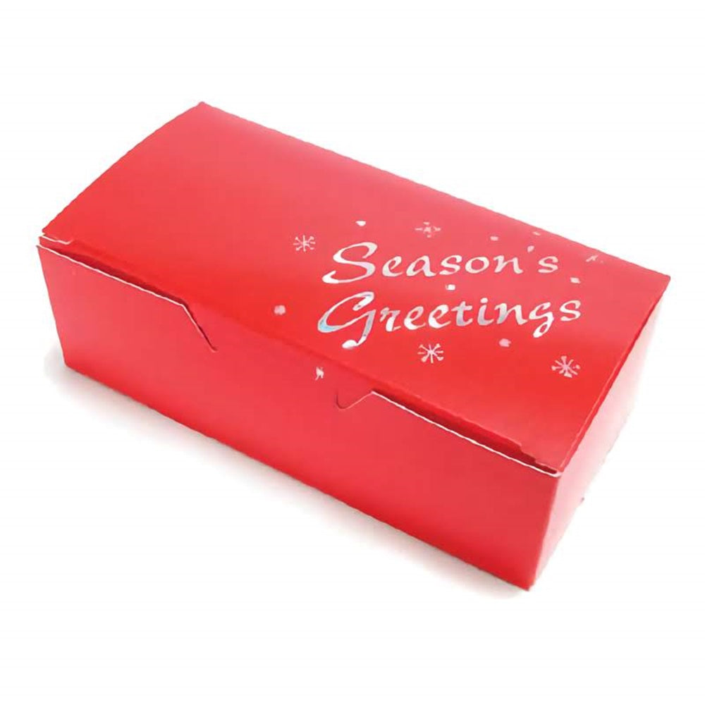 The image features a vibrant red 1/2 pound candy box with the phrase "Season's Greetings" in white cursive lettering, accompanied by simple snowflake designs, creating a festive and welcoming look for holiday gift-giving.