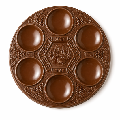 Round chocolate seder plate with six circular compartments arranged around the edge and a raised decorative center, featuring detailed embossed patterns on the surface.