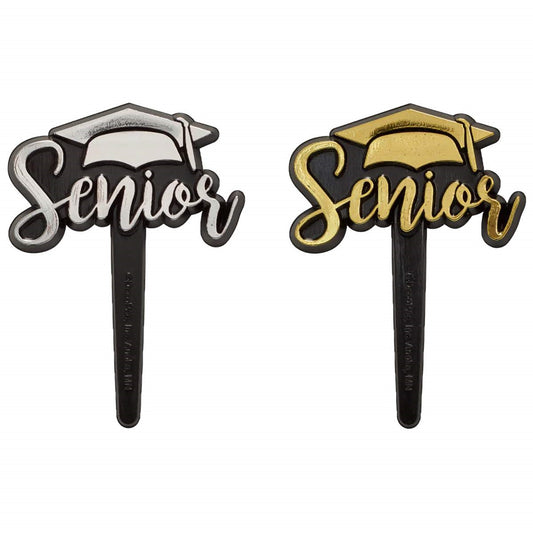 Stylish 'Senior' graduation cupcake picks in black and gold, signifying the completion of the senior year and suitable for high school or college graduation parties.