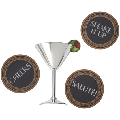 Martini Time DecoSet® featuring a plastic martini glass with an olive garnish and three reusable coasters with festive phrases.