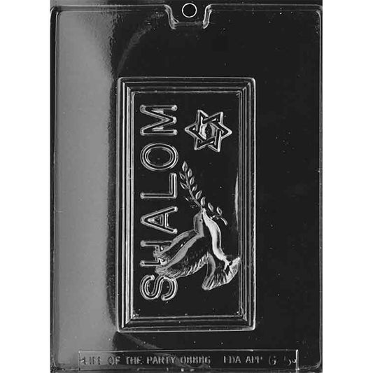 Clear plastic chocolate mold with one large rectangular bar cavity embossed with “Shalom,” a dove holding an olive branch, and a Star of David; shown on a dark background.