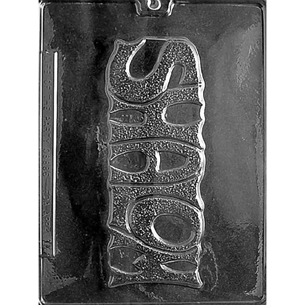 Clear plastic chocolate mold with one large vertical rectangular cavity embossed with the word “Shalom” in bold raised letters over a textured background; shown on a dark surface.