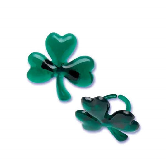 Set of six shamrock-molded cupcake rings in vivid green, doubling as delightful toppers for cupcakes and party favors, adding a touch of Irish charm to your St. Patrick's Day festivities or themed birthday parties.