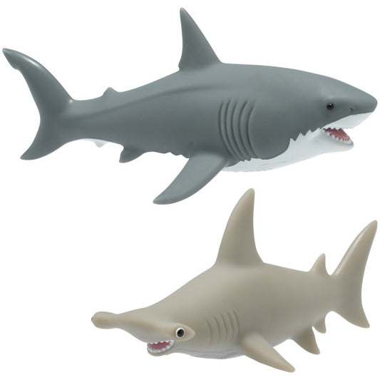 A set of two shark figurines, one great white and one hammerhead, designed as cake toppers.