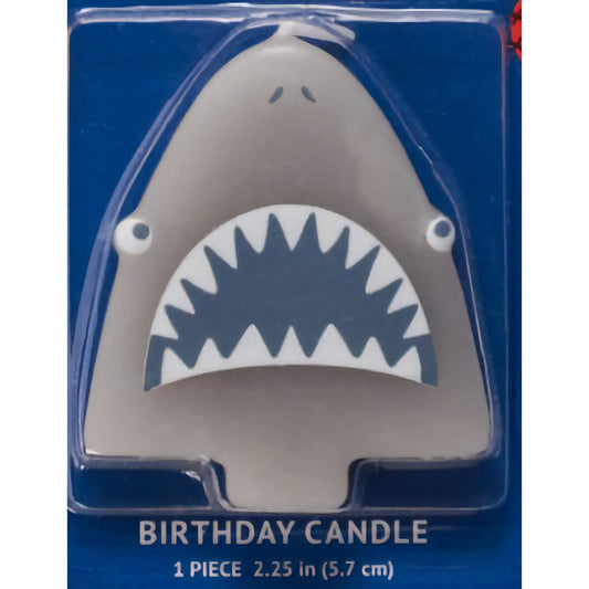 Shark Birthday Candle shaped like a shark head with an open mouth, measuring 1.8" x 2.15", perfect for adding fun to ocean-themed parties and celebrations.