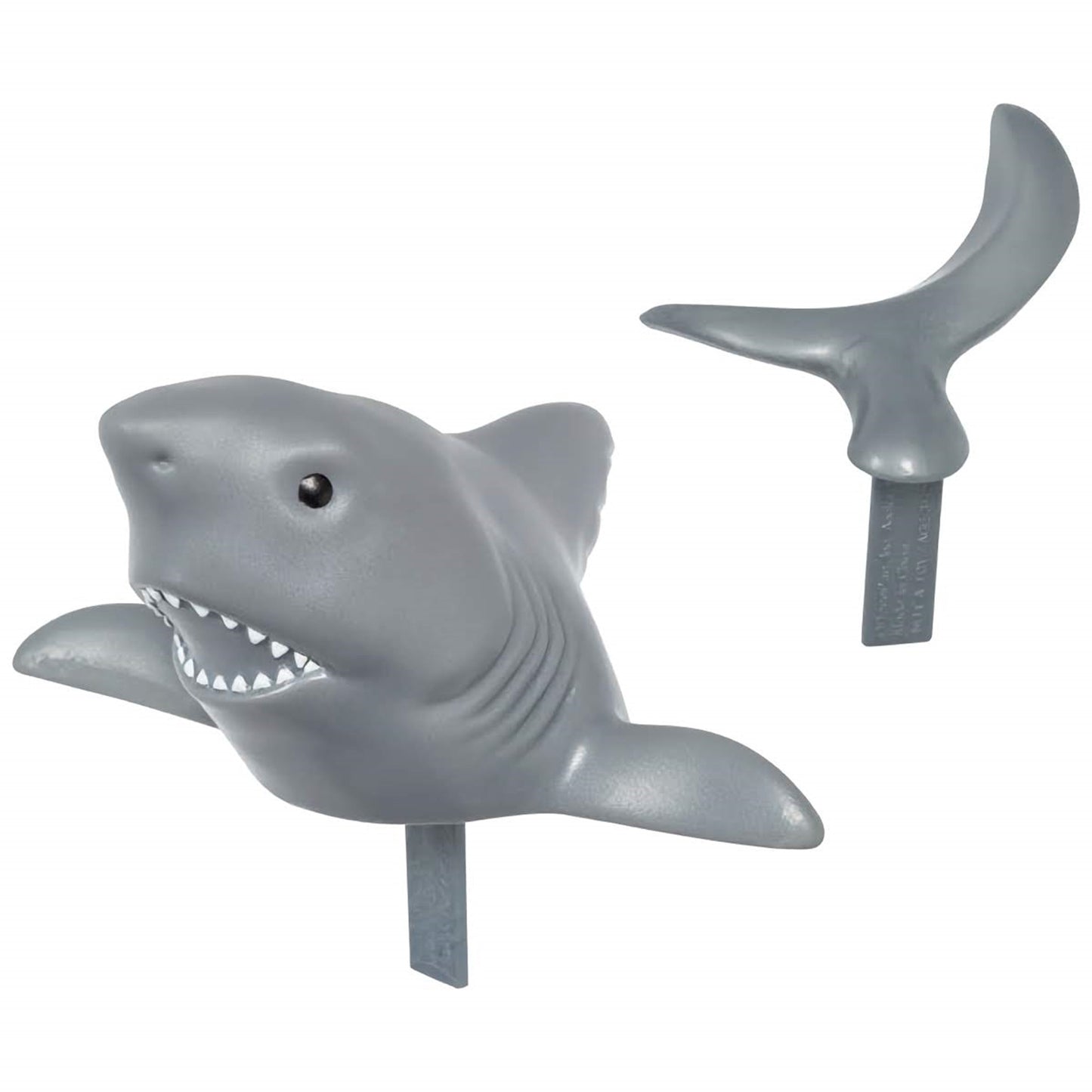 Two-piece shark cake topper set with a detailed gray shark head and tail, ideal for adding a dramatic touch to ocean or nautical-themed party cakes.