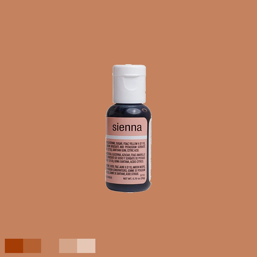 Sienna shade Chefmaster food gel, 0.70 oz, for natural-toned icing, featured with white cap, ingredient label visible, on an orange surface.