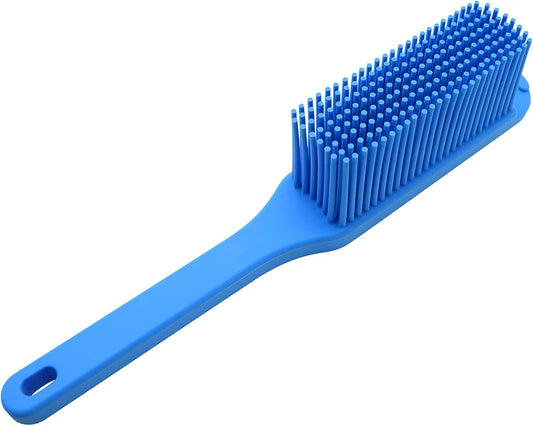 Close-up of a blue silicone bristle pastry and basting brush with a durable handle.