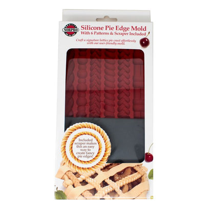 Packaging of the Silicone Pie Edge Mold set, featuring six decorative designs and an included scraper for shaping pie crusts.