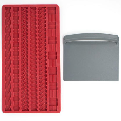 A red silicone pie edge mold with intricate patterns alongside a gray scraper, both designed for crafting detailed pie crust edges and lattice designs.