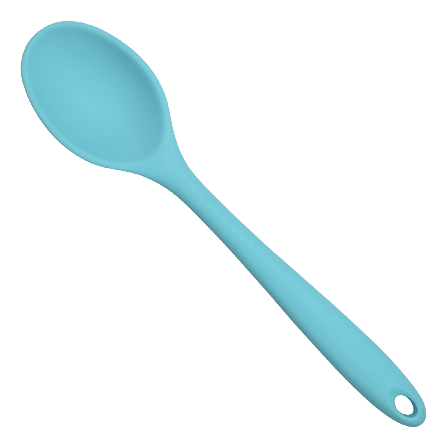 Aqua blue silicone spoon with an oval spoon bowl and long handle featuring a hanging hole, shown diagonally on a white background.