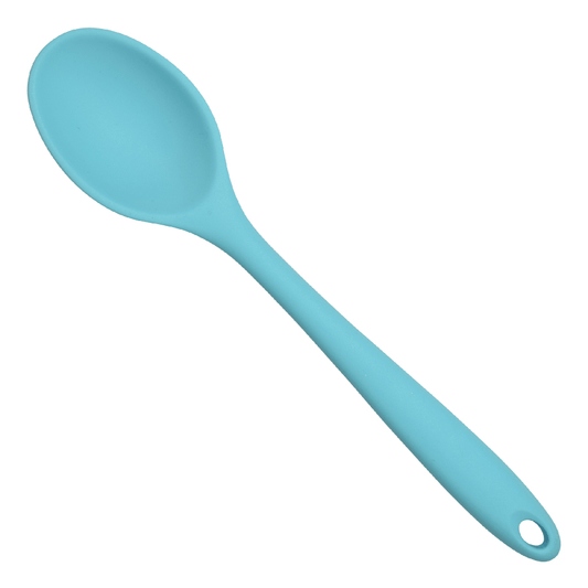 Aqua blue silicone spoon with an oval spoon bowl and long handle featuring a hanging hole, shown diagonally on a white background.