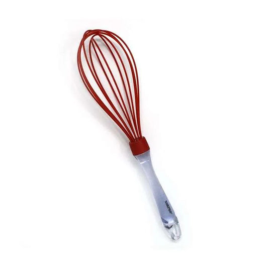 Red silicone whisk with a clear blue-tinted acrylic handle, designed for non-stick cookware.