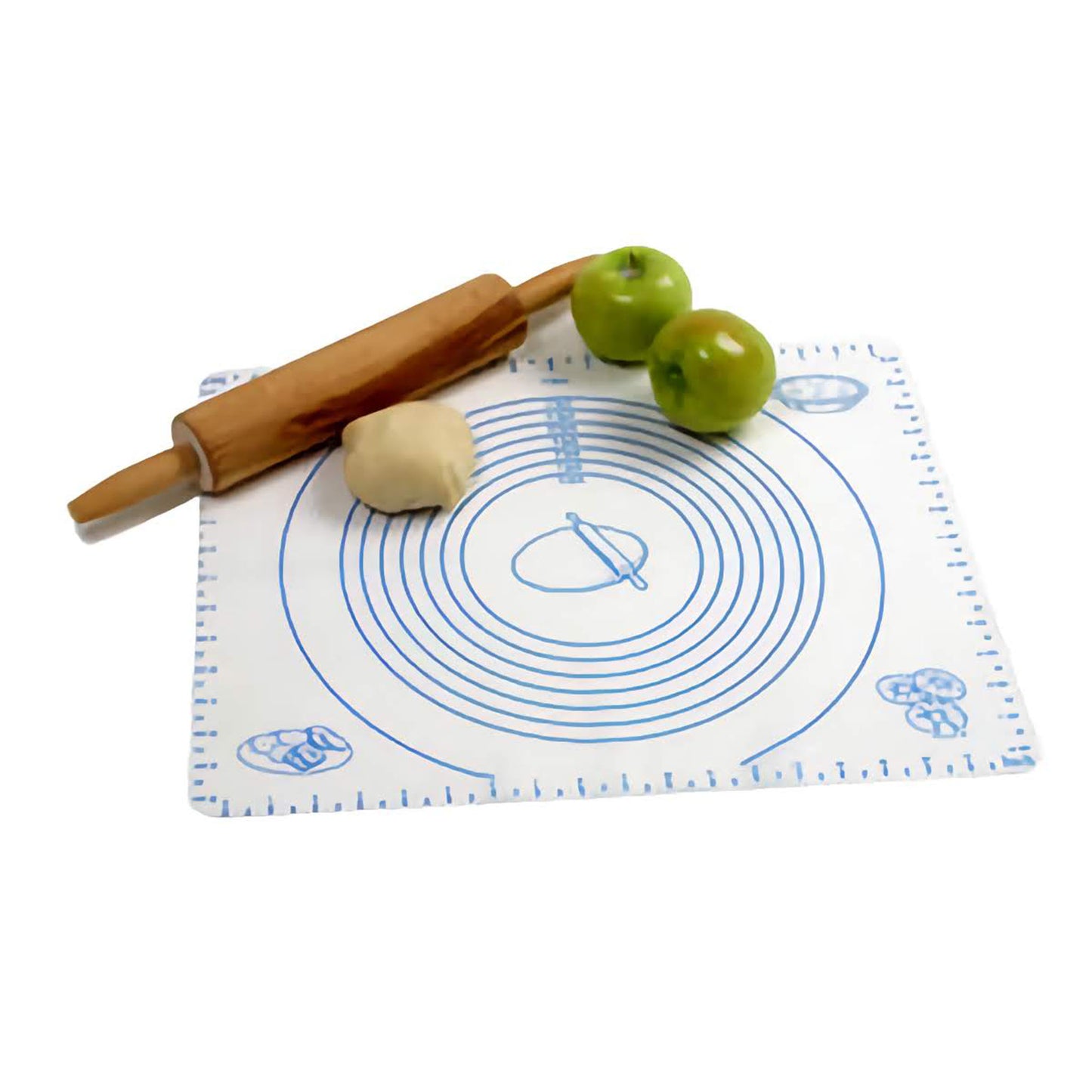 Silicone pastry mat with measurements featuring a nonstick surface, marked with measurement guides, shown with a rolling pin, dough, and apples.