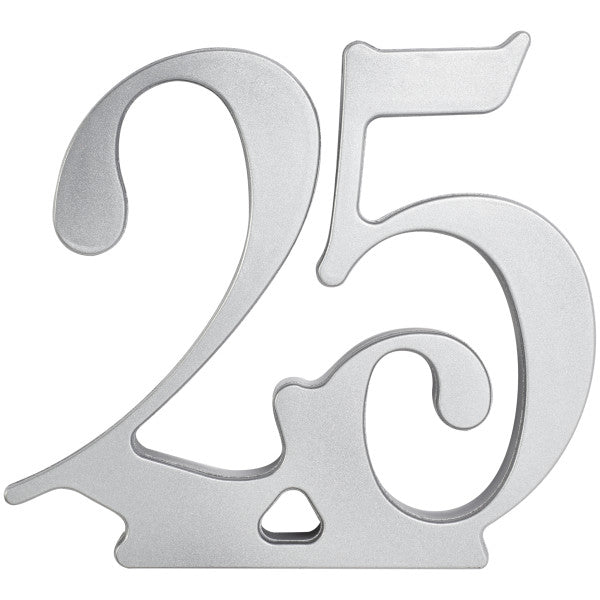 Silver "25" cake topper with elegant swirled numerals and a smooth metallic finish.