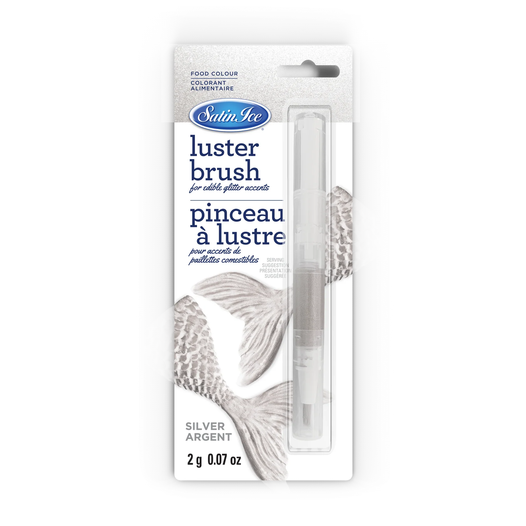Satin Ice Silver Edible Luster Dust Brush in retail packaging, featuring a clear brush tube with silver edible luster and silver mermaid tail artwork.