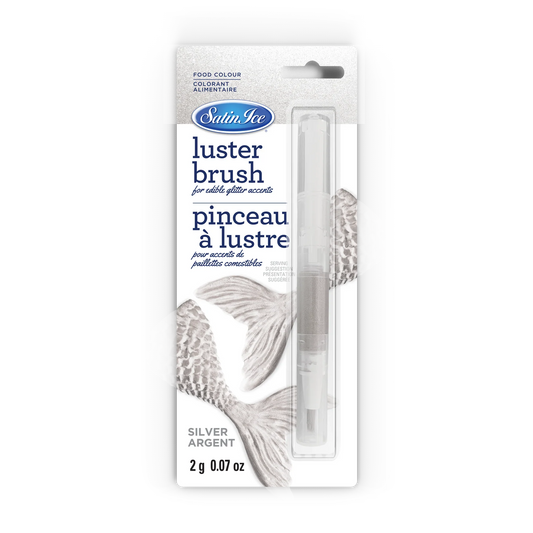 Satin Ice Silver Edible Luster Dust Brush in retail packaging, featuring a clear brush tube with silver edible luster and silver mermaid tail artwork.