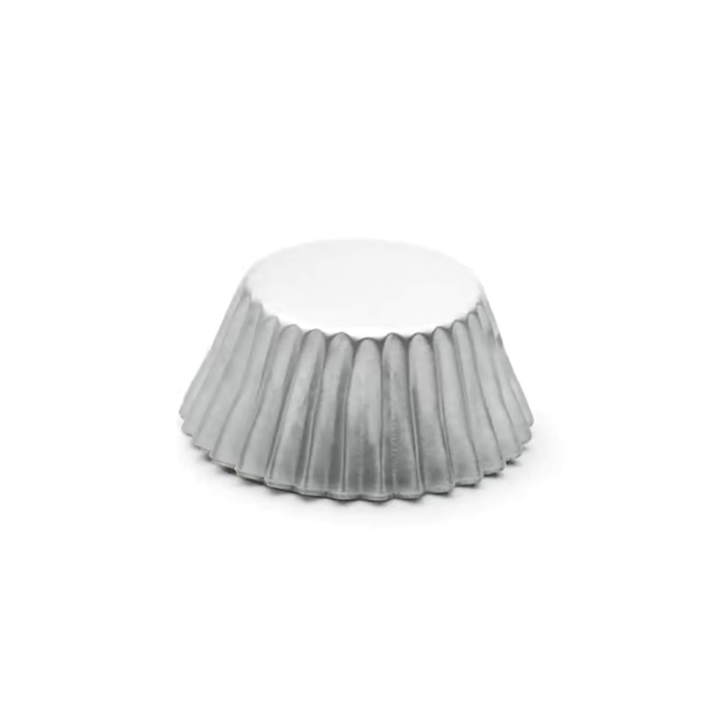Metallic mini foil baking cup in silver with fluted sides, shown upside down on a white background.