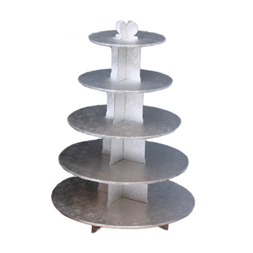 Five-tier silver cardboard cupcake stand with embossed foil finish, ideal for dessert displays at events and parties