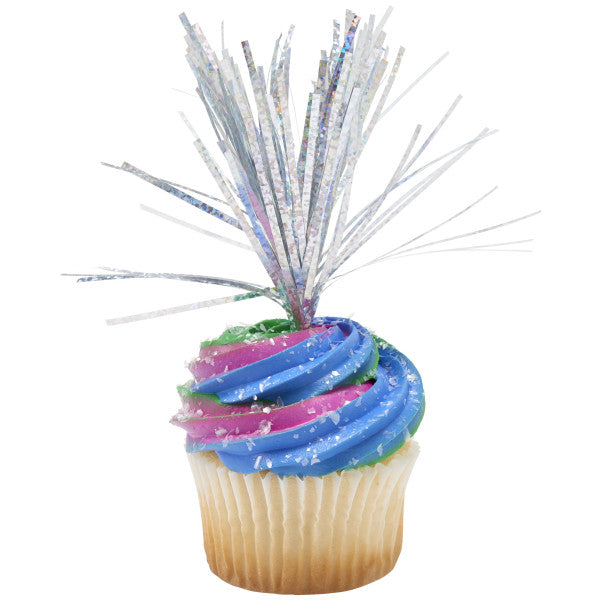 Vanilla cupcake with purple, pink, and green frosting, topped with a silver holographic mylar spray pick