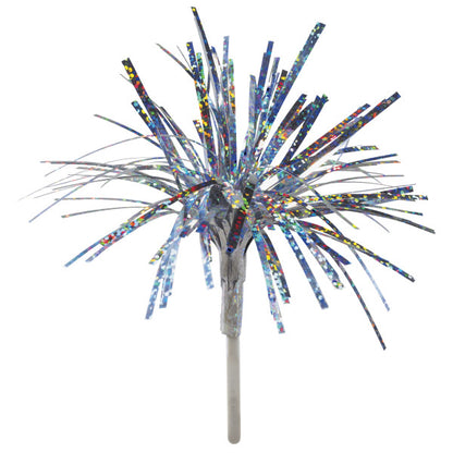 Single holographic silver mylar spray cupcake pick with shimmering reflective strands