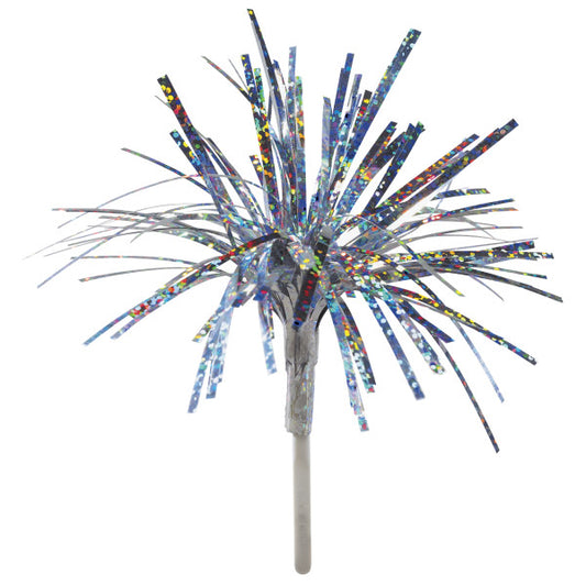 Single holographic silver mylar spray cupcake pick with shimmering reflective strands