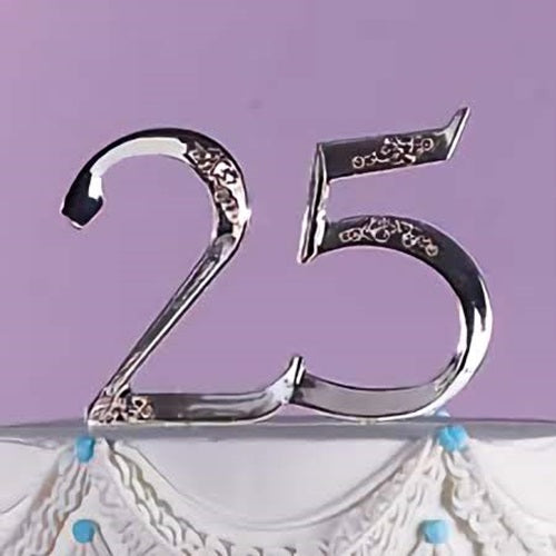 Elegant silver 25th-anniversary cake topper by Wilton, with a sleek '25' design and floral detailing, ideal for commemorating a quarter-century of love and adding a timeless look to celebration cakes.