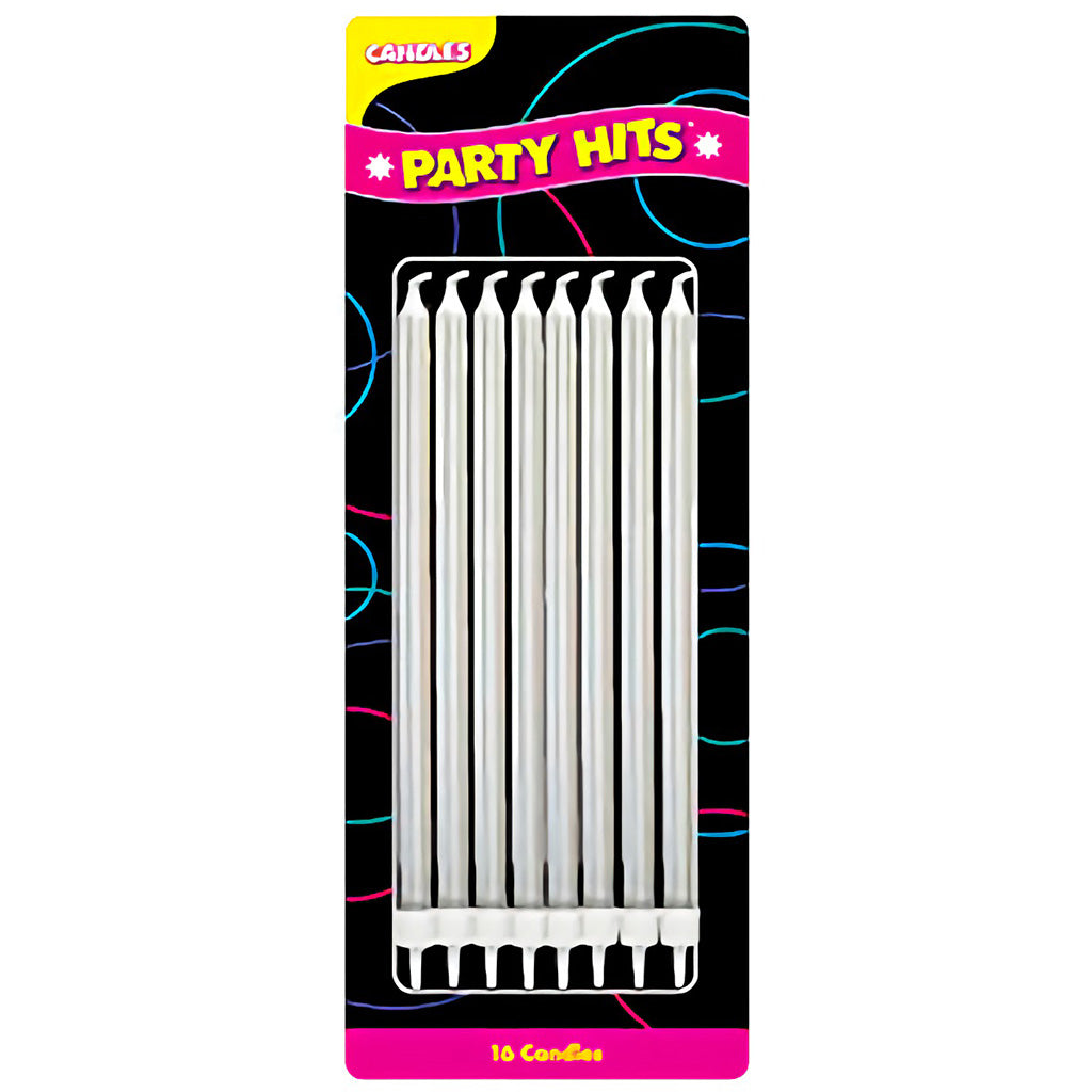 Package of 16 silver 5-inch birthday candles with holders, in a black and colorful design box labeled "Party Hits."