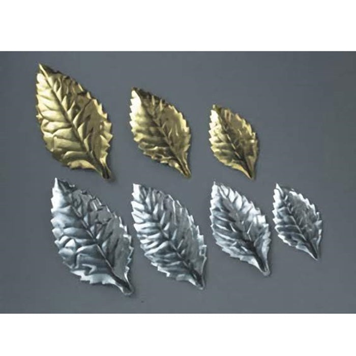 Set of metallic foil cake decorations with detailed veining, featuring both gold and silver rose leaves, perfect for adding a luxurious and elegant finish to any cake design.