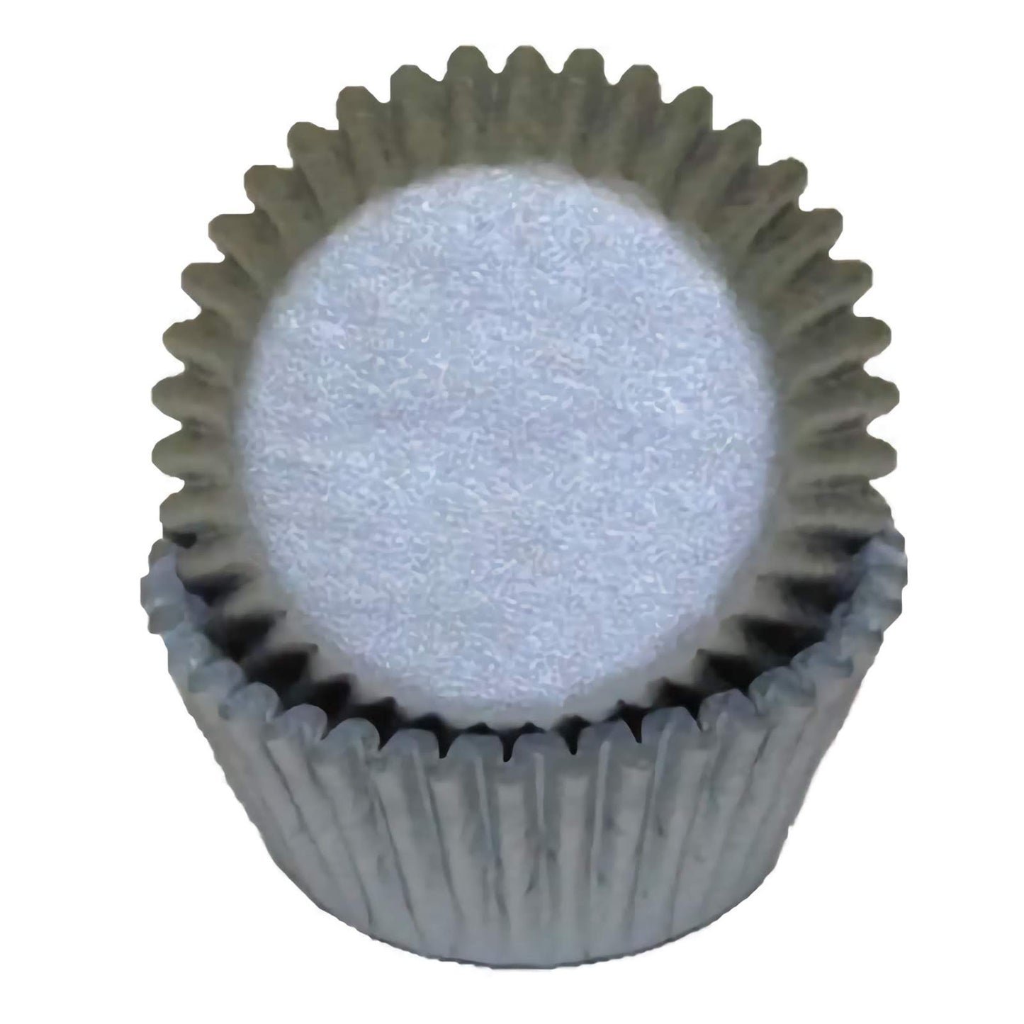 Silver standard greaseproof cupcake liners in a stack, showcasing their shiny, metallic silver finish, ideal for adding a touch of glamour to your desserts.